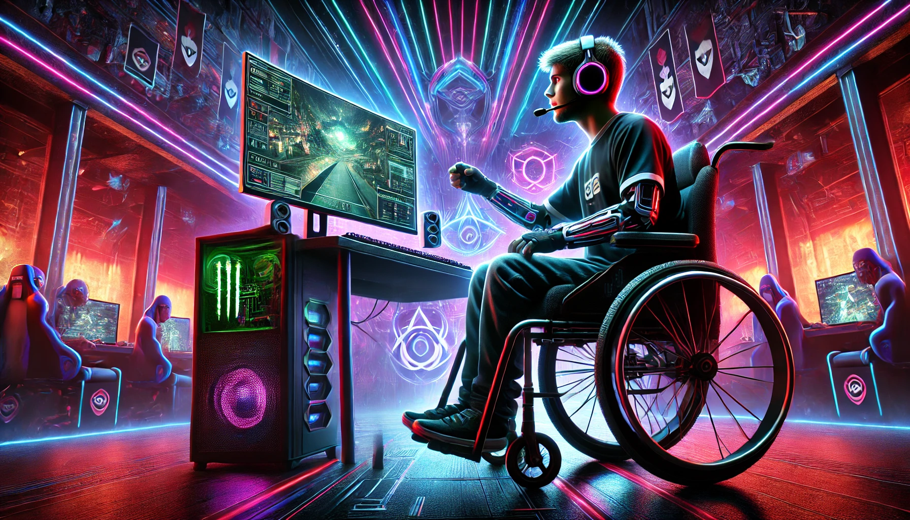 esports players with disabilities competing at a professional tournament, blue and red lighting, inspirational